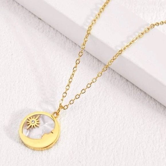 “Mother of Pearl Moon & Star” White Iridescent Shell Crescent Starburst Necklace - Picture 2 of 16